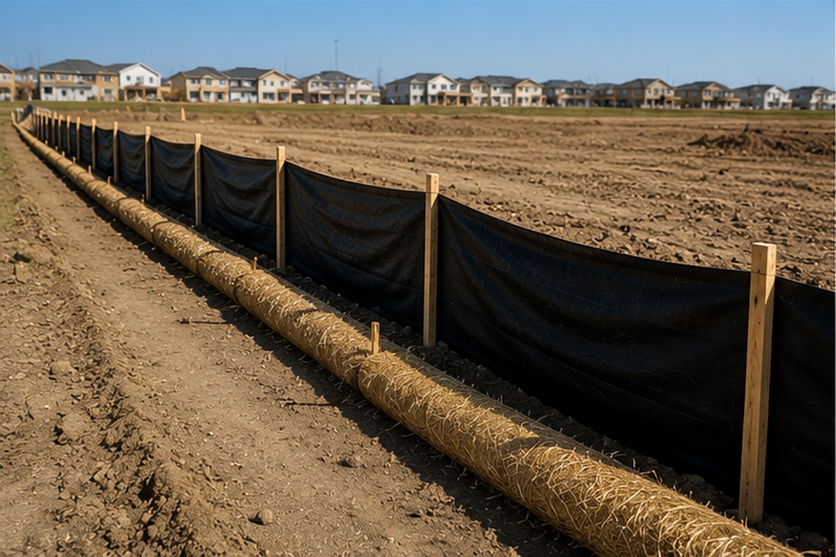 Perimeter control with wattles and silt fence on a construction site